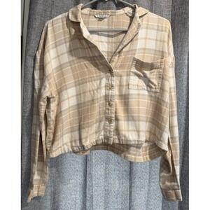 American Eagle Women Size XS Tan/Cream Plaid Button Up Cropped Flannel Shirt